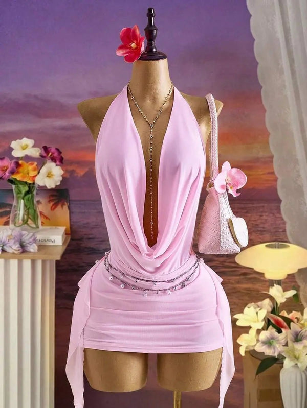 Halter Tie Mini Dress — Pink - Luxyra