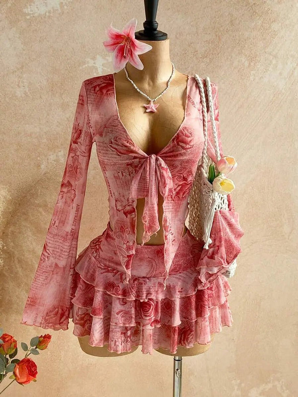 Retro Floral & Letter Print Tie Front Cover Up 2 - Piece Set - Luxyra
