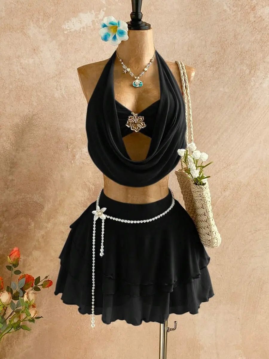 Sunset Ombre Halter Top & Ruffle Mini Skirt Set - Luxyra