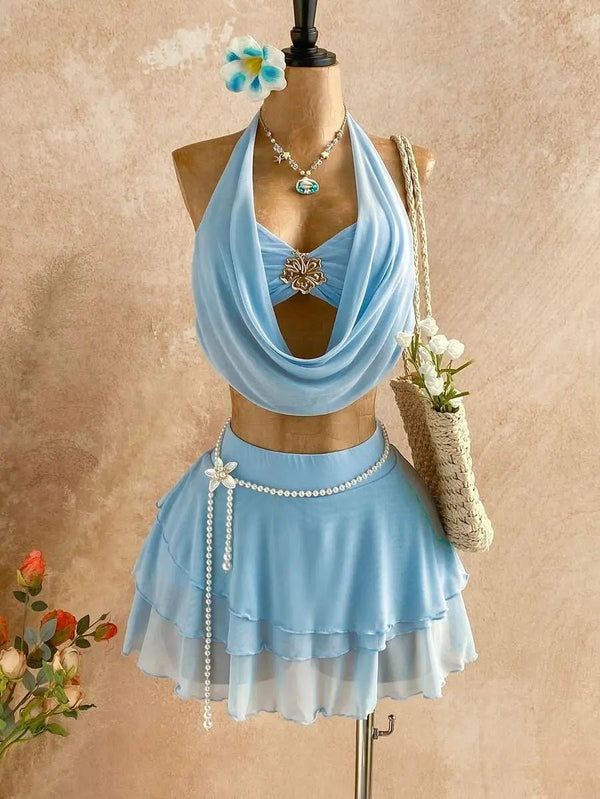 Sunset Ombre Halter Top & Ruffle Mini Skirt Set - Luxyra